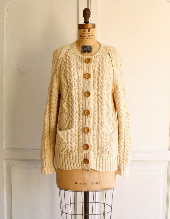 oversized aran knit fisherman sweater cardigan . vintage 60s