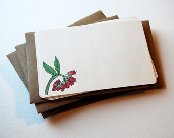 The Strawberry Flowers Notecard Set in Pink, Green and Cream - Set of 6 flat Notecards and Envelopes