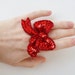 Red Sequin Bow Adjustable Ring With Repurposed Vintage Applique