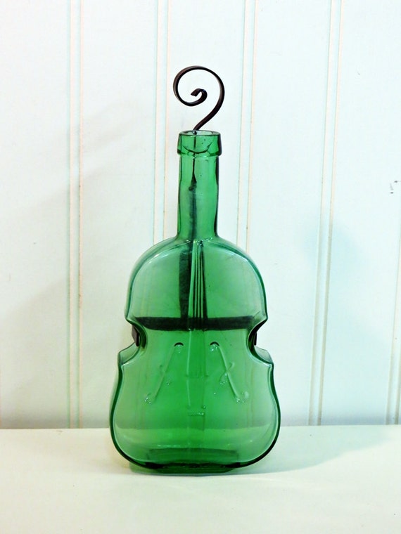 Green Glass Fiddle Violin Bottle with Wall Hangar