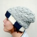Knit Slouchy Beanie, Block and Check, Hand Knitted Hat - Light Gray, Dark Denim Blue, Ecru White