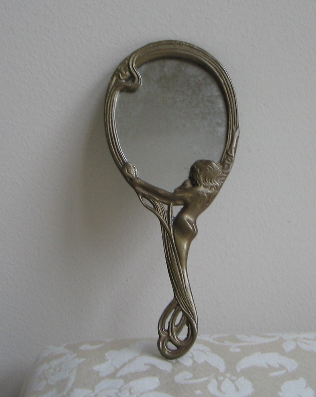 Vintage Solid Brass Hand Mirror Art Nouveau Nude Woman
