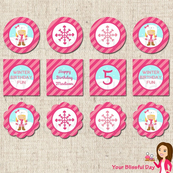 PRINTABLE Girl Winter Fun Party Circles (Character of your choice) Il_570xn