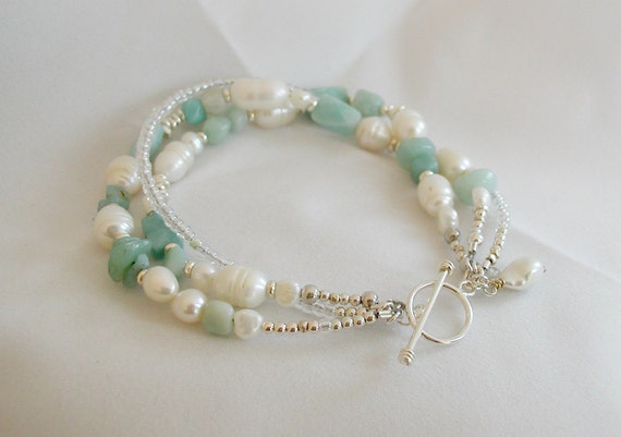 Multi-Strand Bracelet of Freshwater Pearls Amazonite and