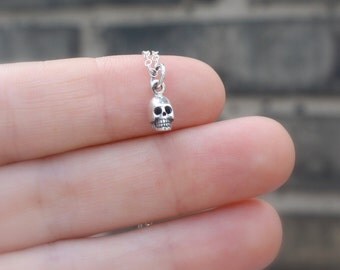 Tiny Skull Necklace - Sterling Silver Skull Charm. Halloween Jewelry. Gift Idea for Her.