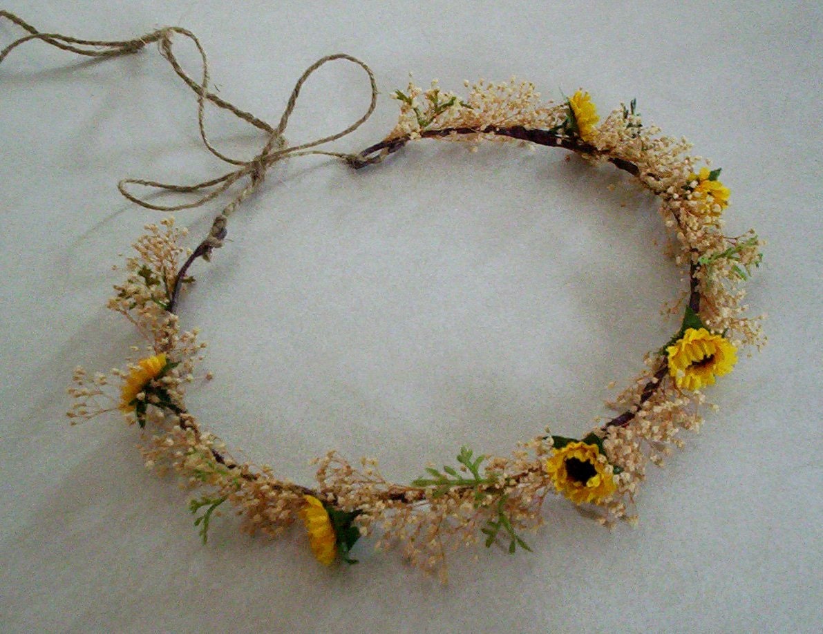 Sunflower twine Bridal flower crown Rustic Chic Dried Woodland