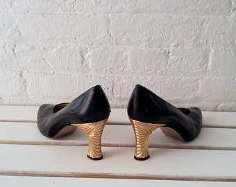Black Pumps Gold Heels 8 80s Vintage Ornate Deco Norma B Leather Baroque Lame Avant Garde Metallic High Heels Disco Club Kid Party Shoes