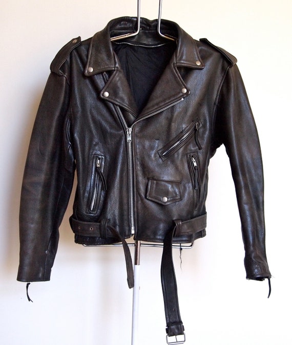 Black Leather Motorcycle Jacket 44 Large Biker Jacket Punk