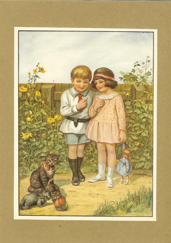 Vintage 1922 Children's Print Boy And Girl Holding Doll Watch Tabby Cat  And Two Kittens Playing With Ball In Garden Book Plate.