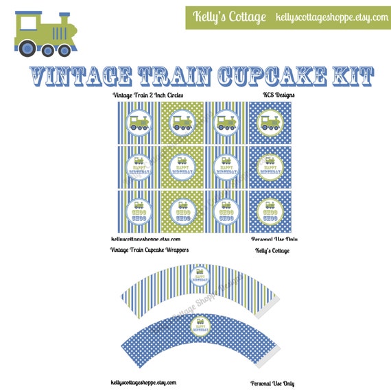 Instant Download Vintage Train Birthday Party Cupcake Kit- 2 Inch Party Circles and Cupcake Wrappers Il_570xn