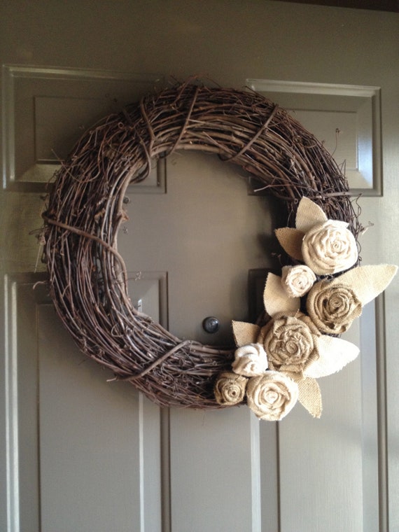 Grapevine Wreath with Burlap Flowers