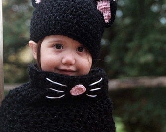 Black Cat Hat and Cowl Set- Black Cat Costume- Kids Halloween Costume- Baby Cat hat and cowl set- Crochet Cat Hat- Crochet Cat Costume