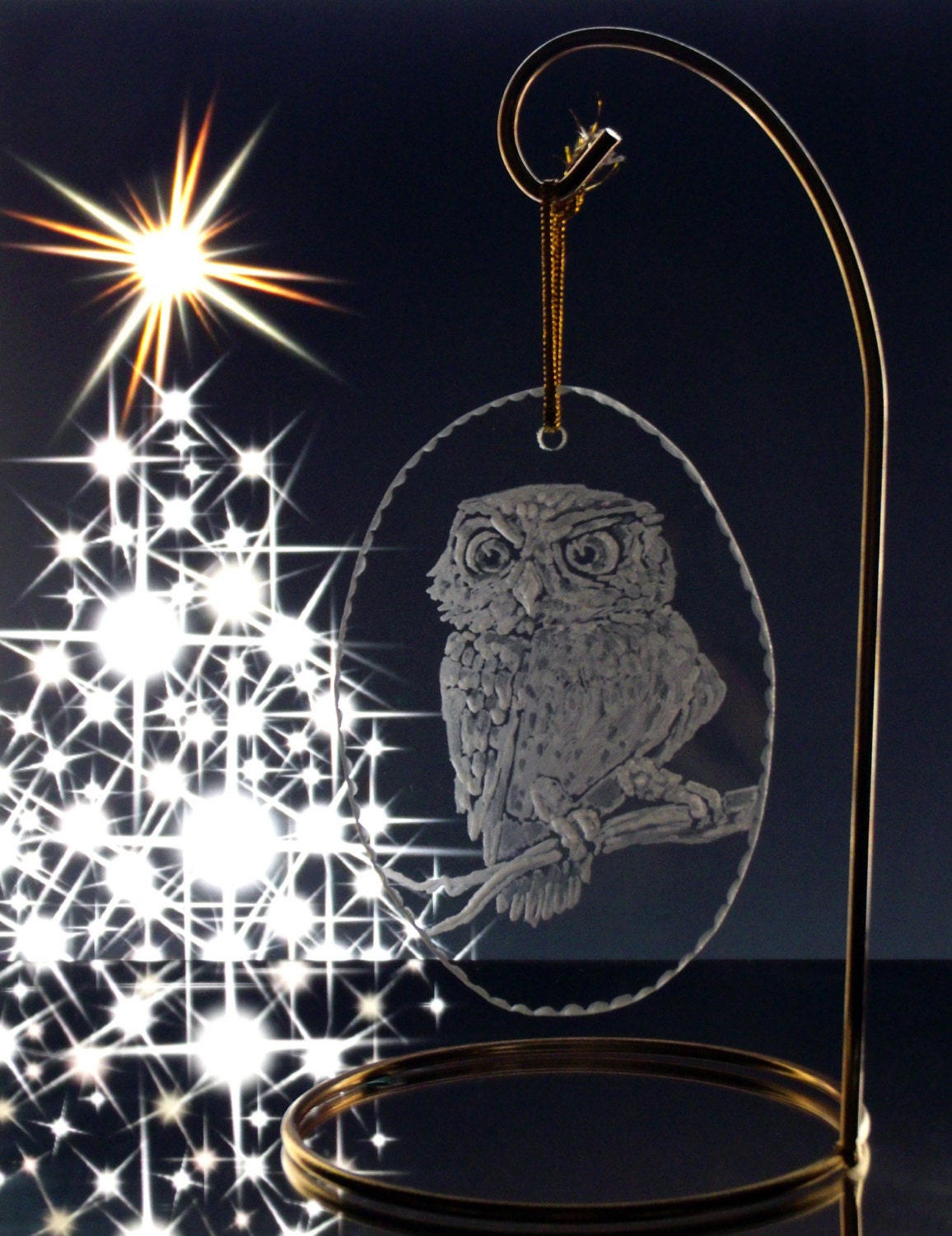 Holiday owl ornament , engraved glass Christmas ornament , handmade holiday decoration no cost US shipping
