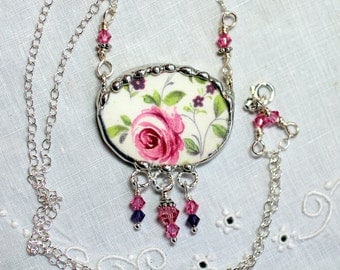Necklace, Broken China Jewelry, Broken China Necklace, Pink Rose Chintz, Sterling Silver Chain, Soldered Jewelry