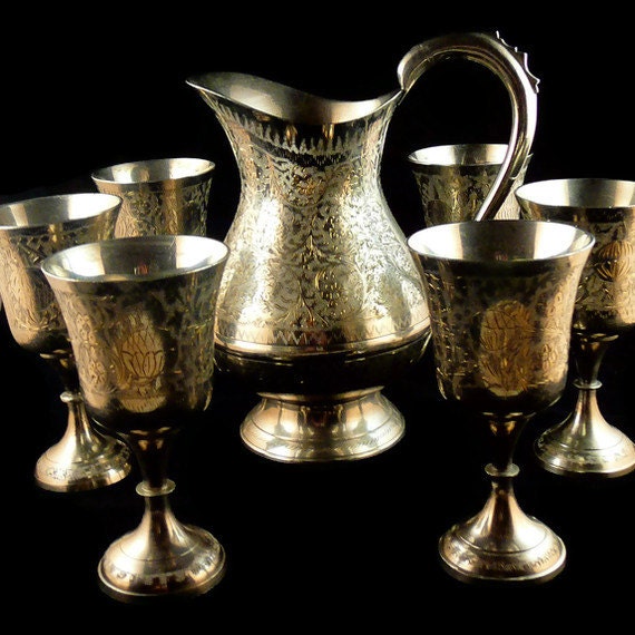 Vintage India Z.Y. World Gift Pitcher & Goblet Set