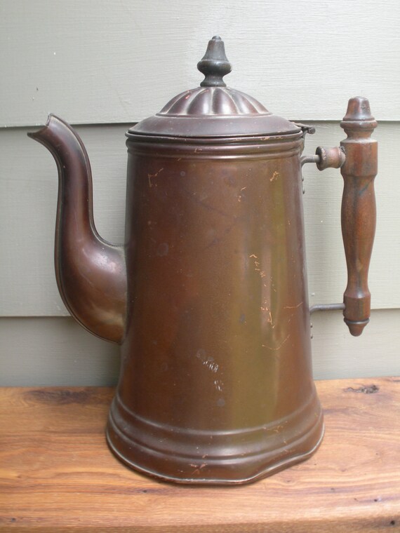 Antique Copper Metal Teapot with Wooden Handle