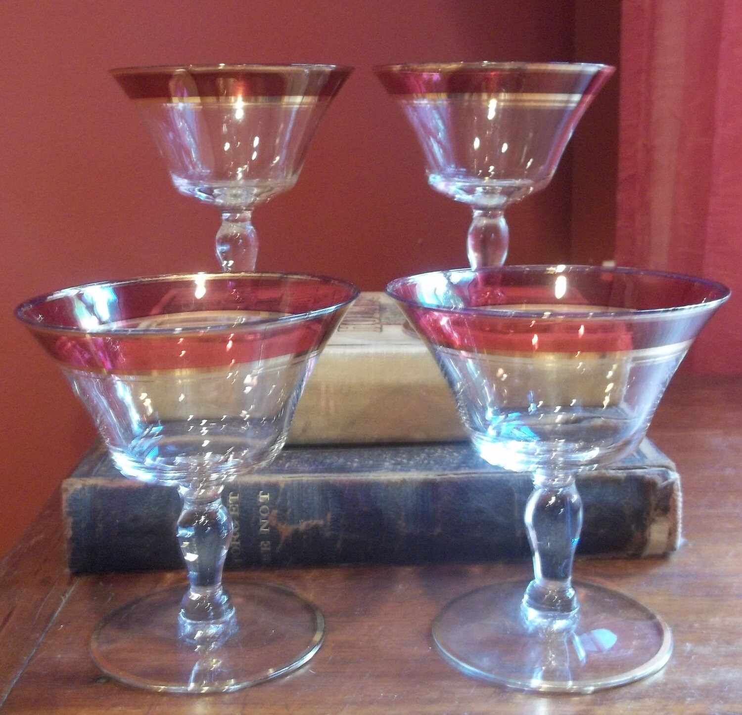 Vintage Wine Glass with Red and Gold Rim Set of by GrandpaCharlies