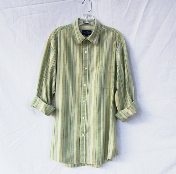 Mens striped cotton shirt / sage green grey and white stripe