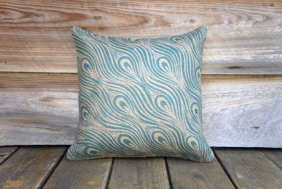 Peacock Pillow Cover, Decorative Throw Pillow, Turquoise Blue, Burlap,  Pattern, Feather, 16x16