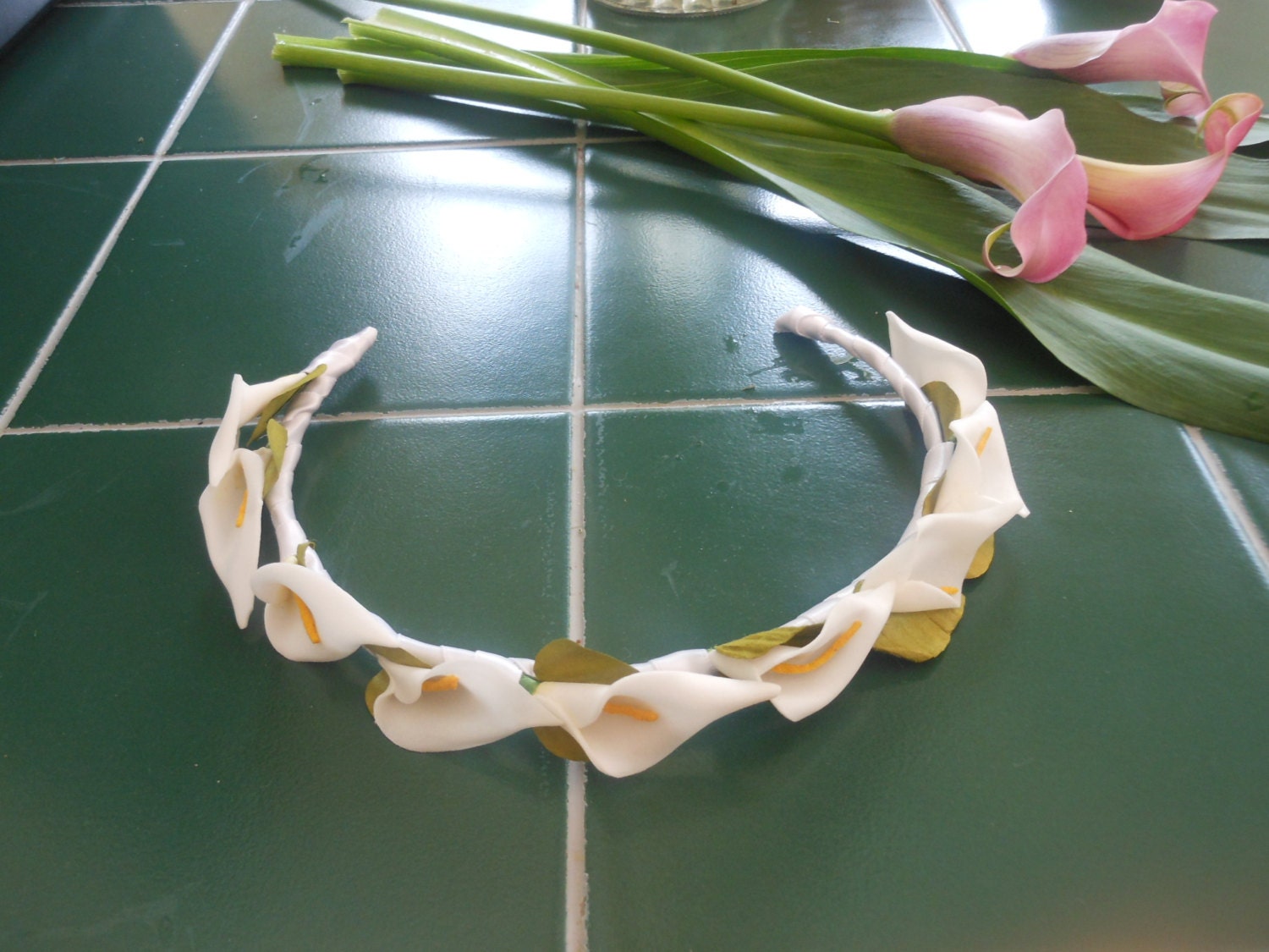 calla lily crown headband bun wrap for flower girl first