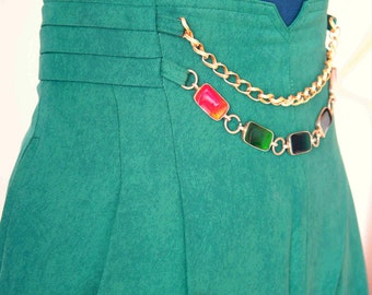 60's MOD Green High Waist Trouser with Resin Metal Buckle Decoration Chain // Size L