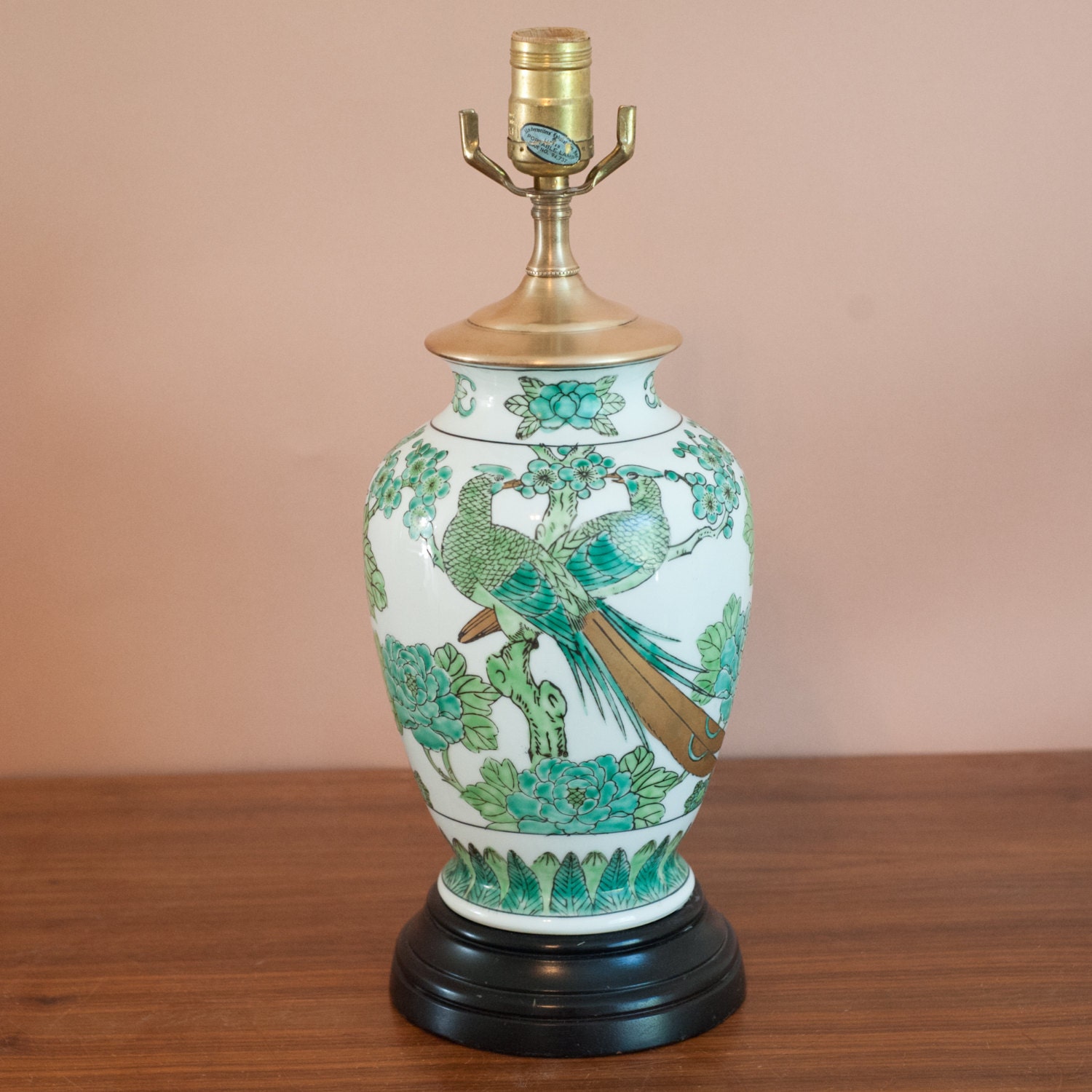 Handpainted Chinoiserie ceramic lamp blue green and gold