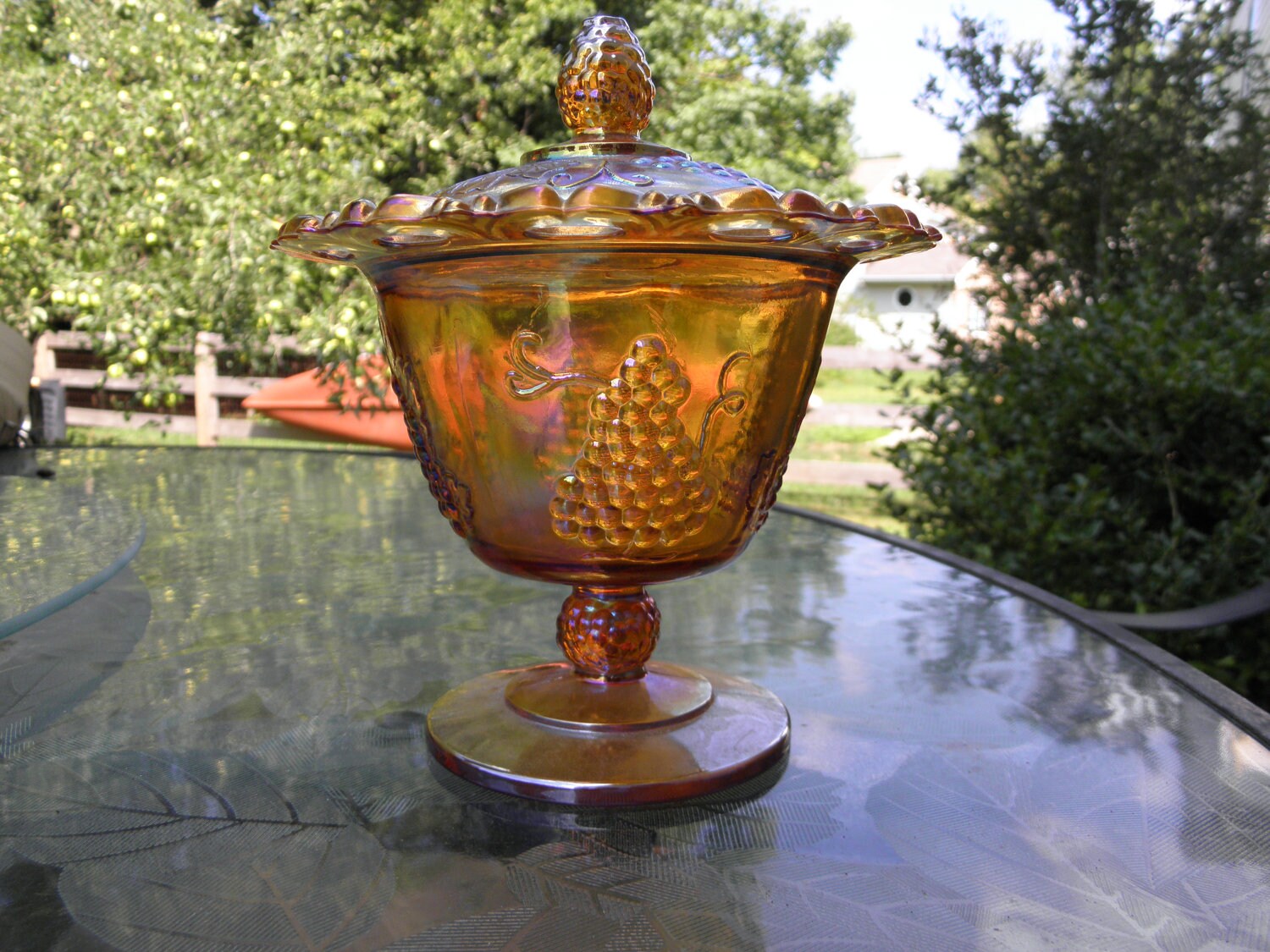 Carnival Glass Marigold Grapes Lidded Candy Dish by Stefanikland