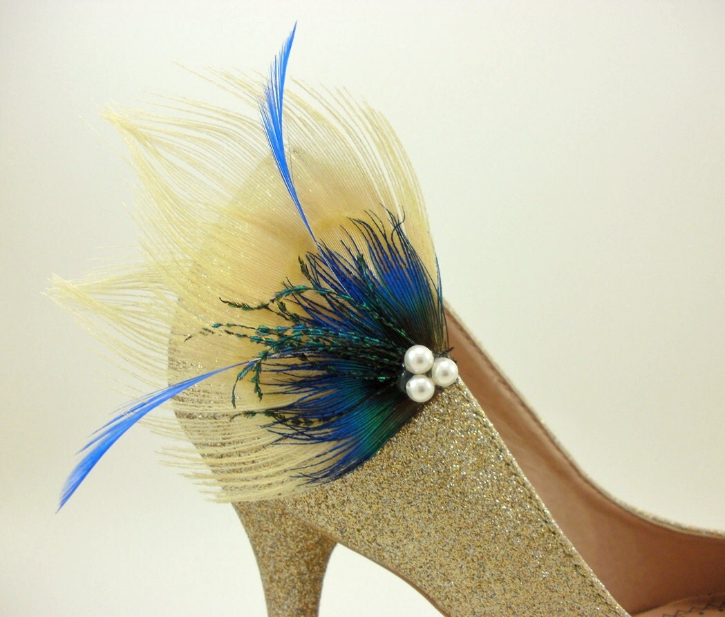 Ivory and Blue Peacock Feather Shoe Clips bridal by ShopMenacherie