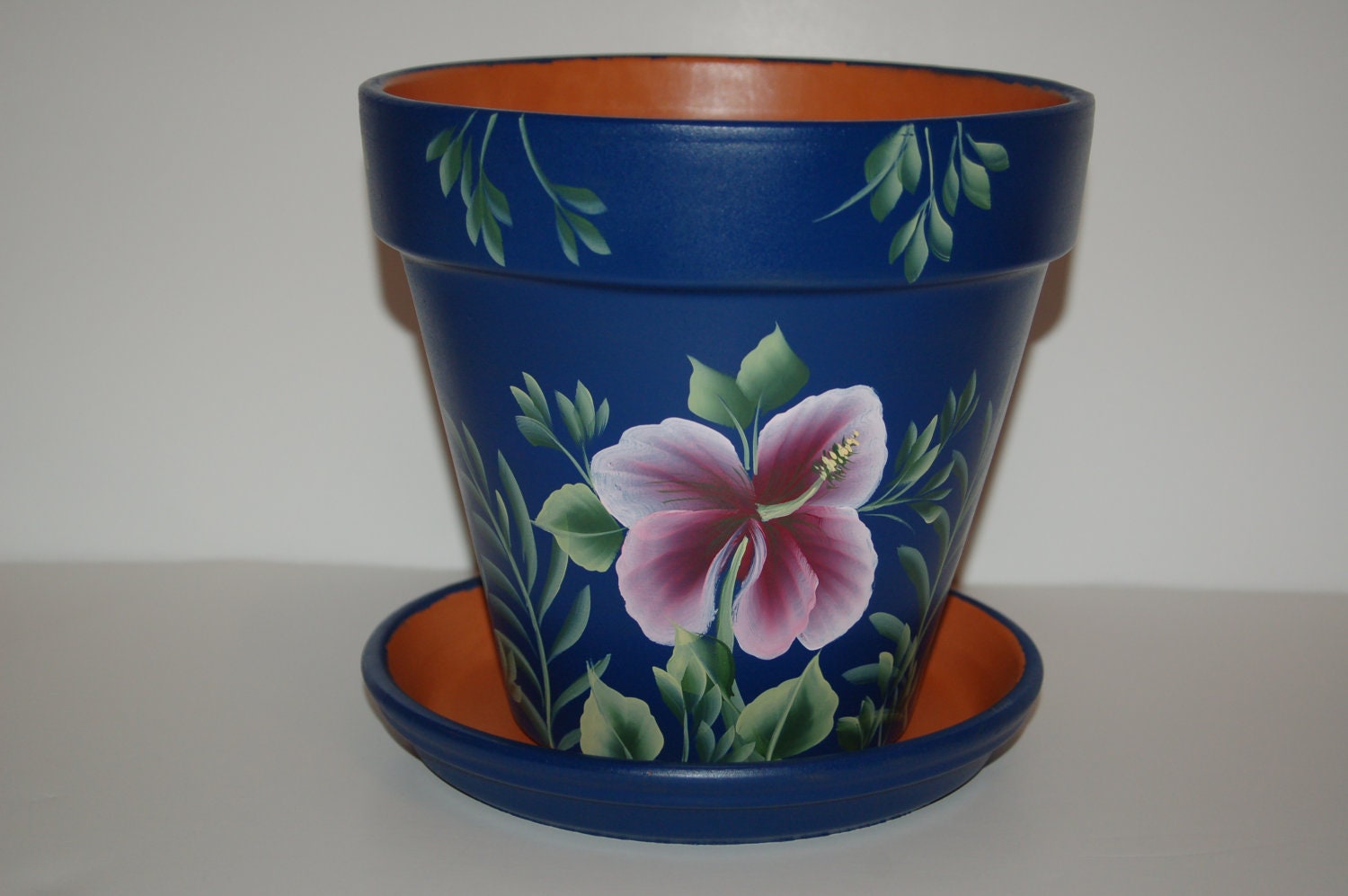 Tropical pink Hibiscus Hand Painted Clay Flower Pot in one