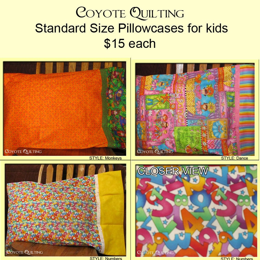 Pillowcases Standard Size KIDS Children by CoyoteQuilting