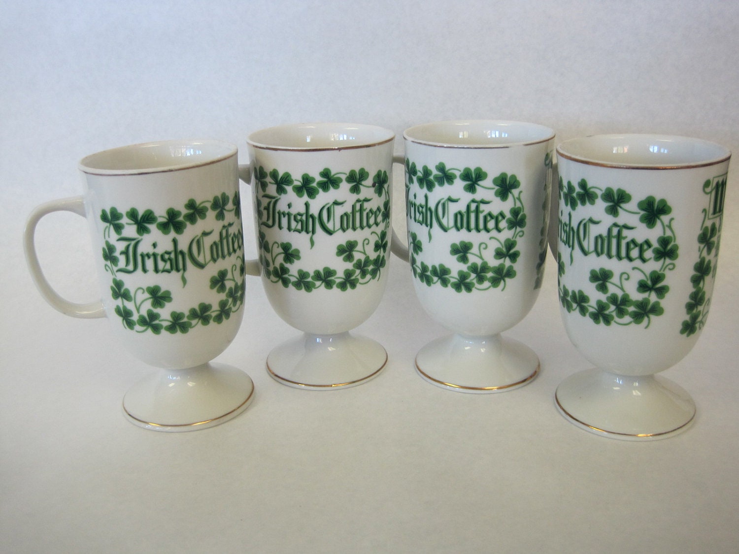Set of 4 Footed Irish Coffee Mugs Witty Shamrocks St Patrick
