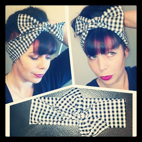 Black and White Gingham Headwrap Bandana Hair Bow Tie 1940s 1950s Style