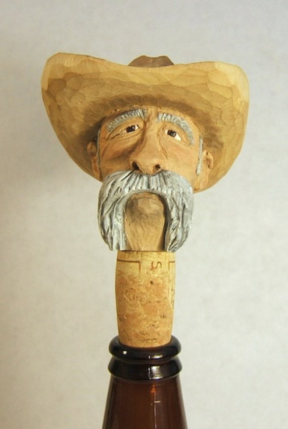 Hand Carved Wood Old Cowboy Bottle Stopper