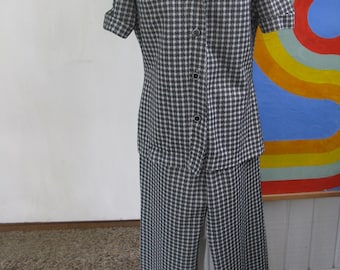 60s Black and White Plaid Shirt and Pants Set / M / L