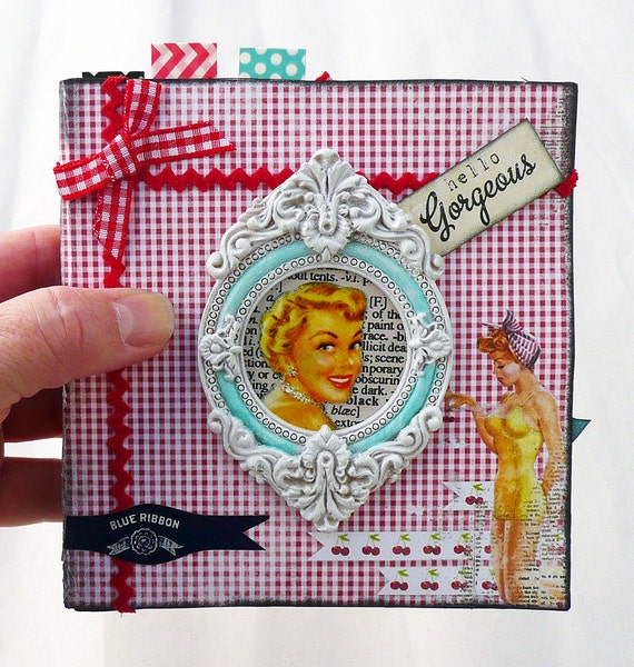 Handmade, OOAK, Kitschy Housewife, mixed media accordian book with matching box