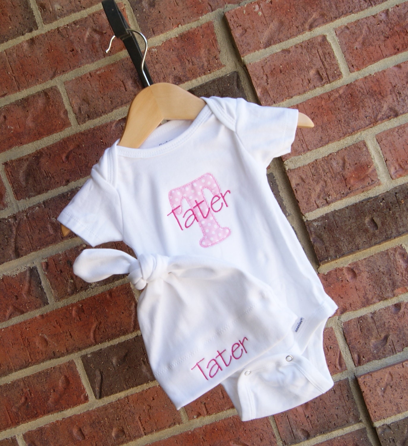 Personalized Onesie and Tie Top Baby Hat Gift Set