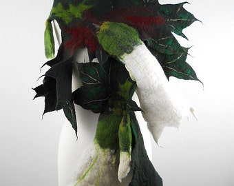 Felted Scarf Nunofelt Scarf Flower Scarf POISON Loco Weed (Datura stramonium L.) Felt Wrap Art Shawl Nuno felt Fiber Art
