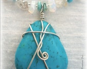 Turquoise Wrapped Pendant with Pearls, Quartz, Moonstone Yoga Inspired Zen Necklace