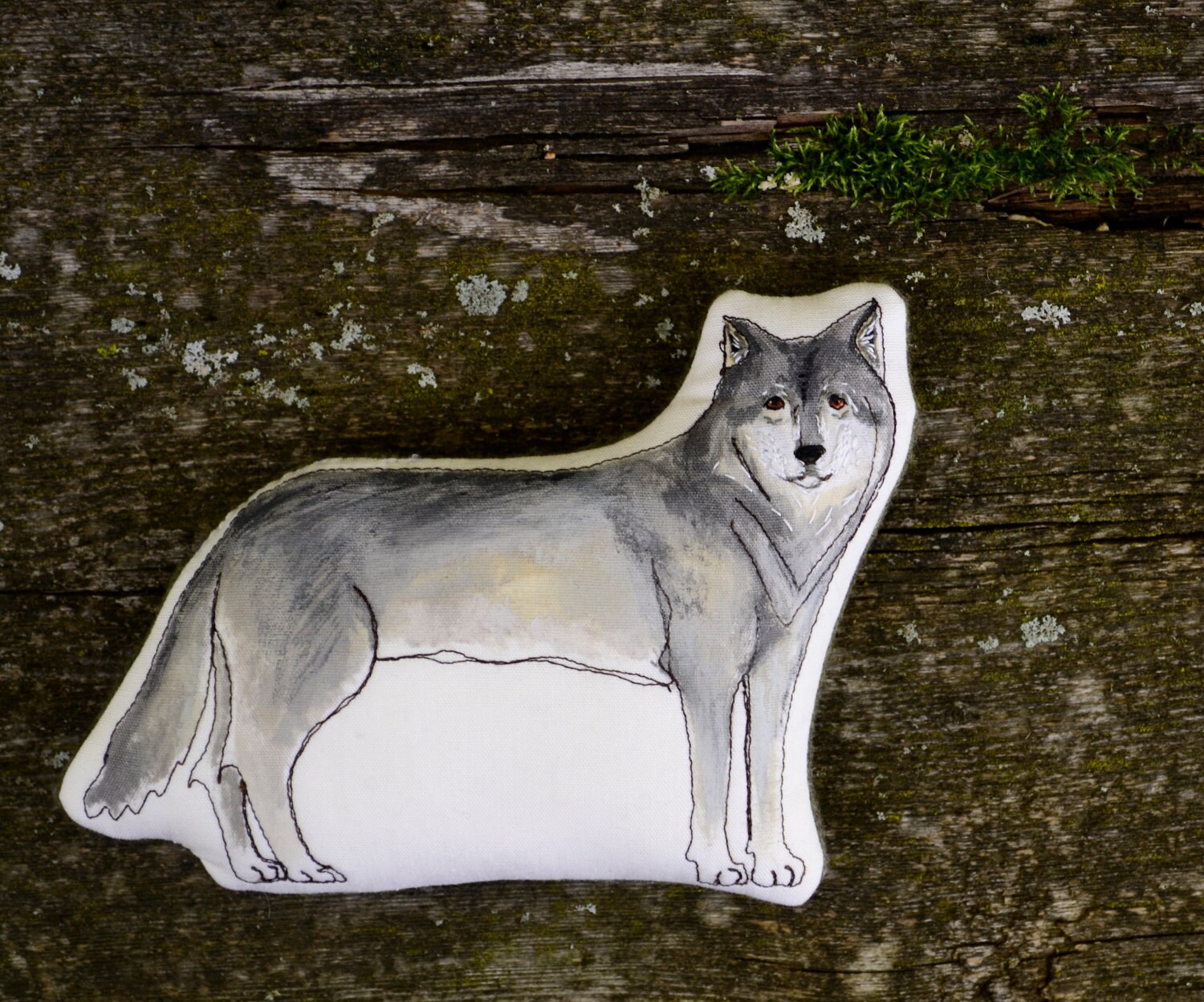 Gray Wolf Pillow Toy. Hand Painted Organic Cotton Soft