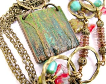 Tree Forest Necklace - Polymer Clay - Nature Boho Rustic - Green Bronze Brass