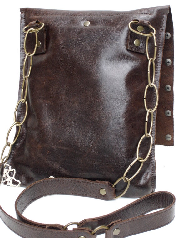 Brown Leather Boho Messenger Bag with Crochet Doily and