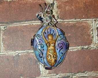 Blue and Gold Spiral Tree Goddess Pendant wire wrapped