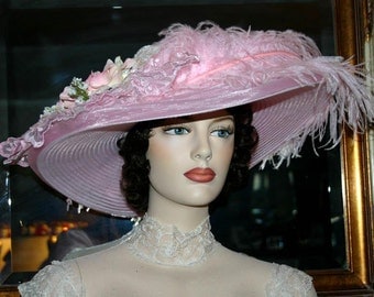 Edwardian Tea Hat Kentucky Derby Hat - Pink Roses Crystal Fairy