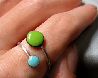 Orbit Enamel Ring, Lime Green and Sky Blue, Adjustable Size US 6-9, Kiln-fired Glass Enamel and Sterling Silver