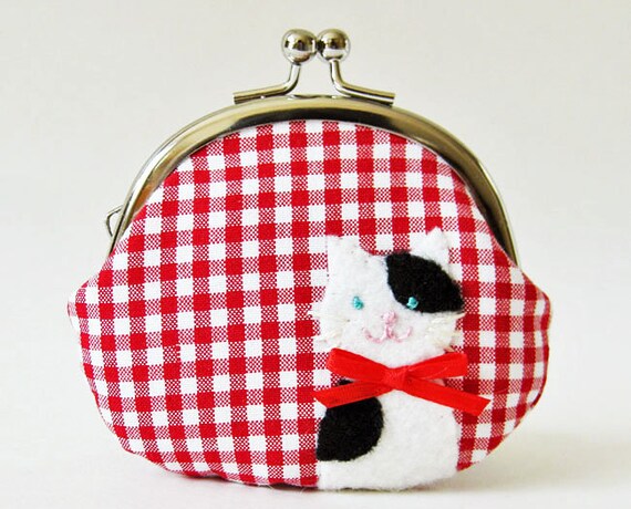 Coin purse black and white cat on red gingham by oktak on Etsy