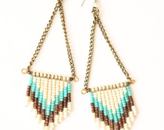 SALE - Chevron seed bead earrings - cream, turquoise, earth
