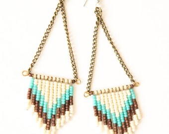 SALE Chevron seed bead earrings sky blue harvest and brown