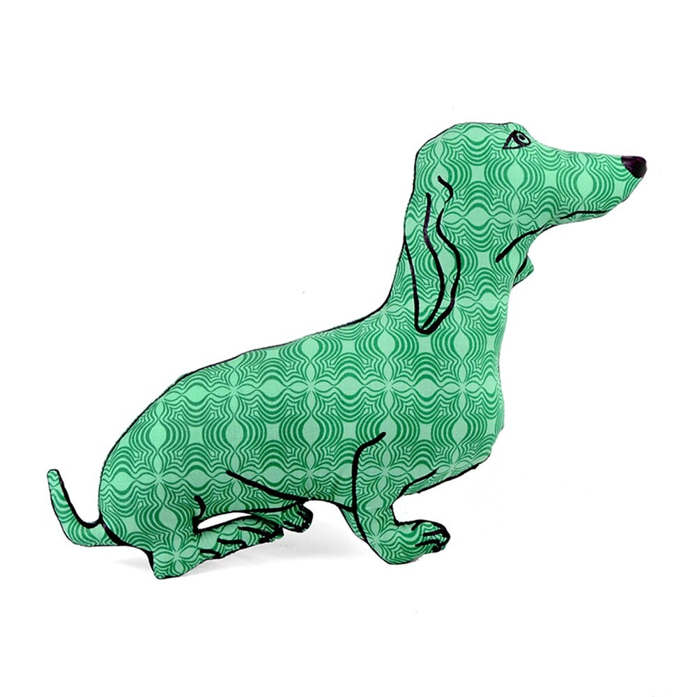 dachshund dog shaped pillow softie green op art pattern