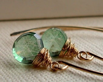 Mystic Green Quartz on Curving Hoops. Earrings.