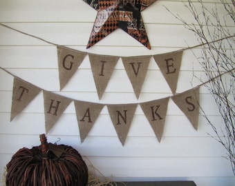 GIVE THANKS....Glittered Burlap Pennant Banner Bunting